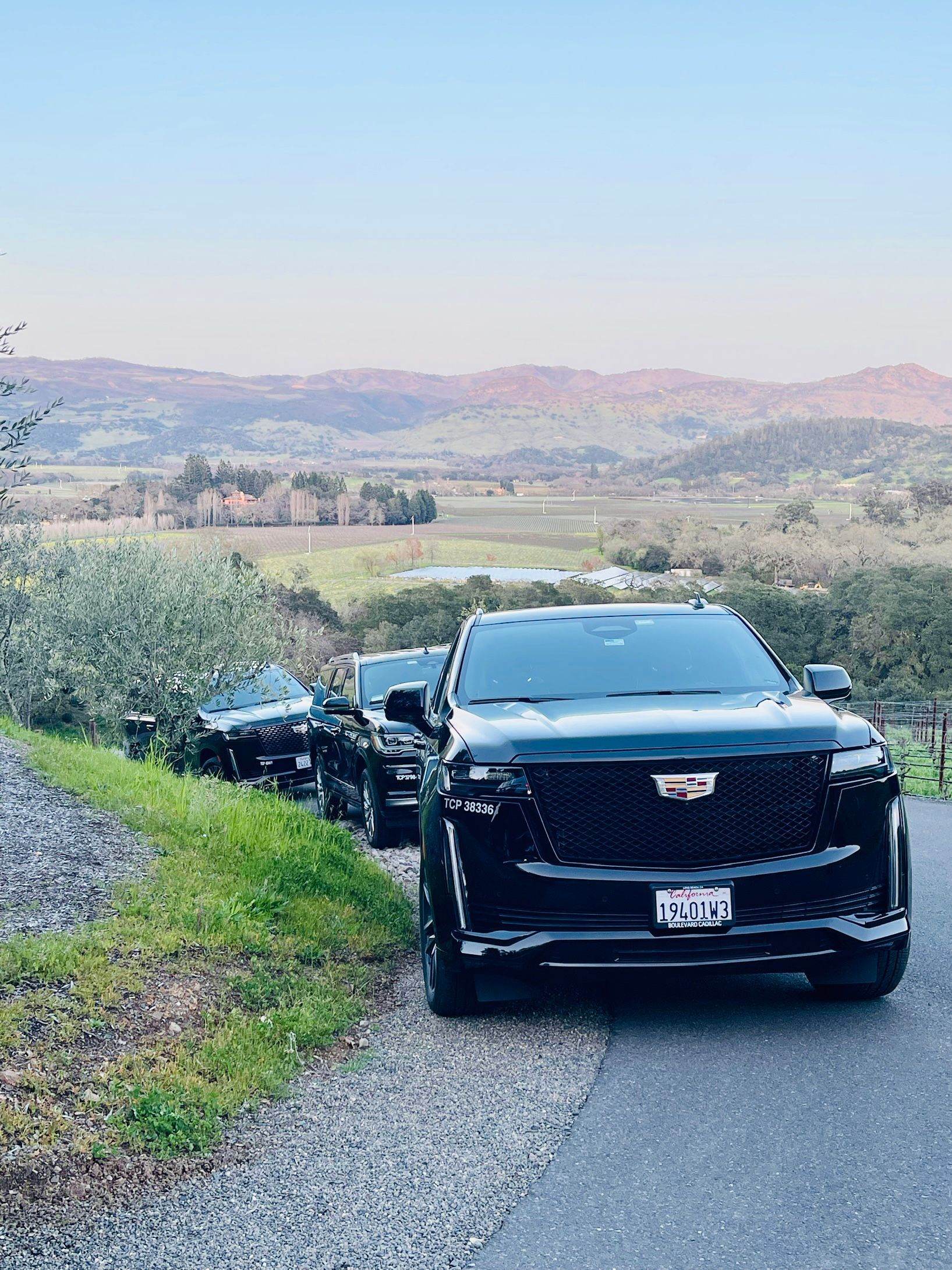 A line of three black Cadillac SUVs parked on a narrow road overlooking a scenic valley with rolling hills.