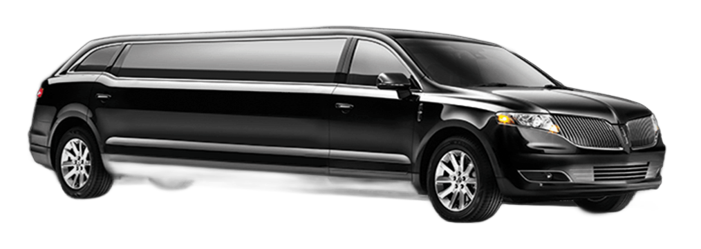 A sleek black Lincoln stretch limousine isolated on a white background.