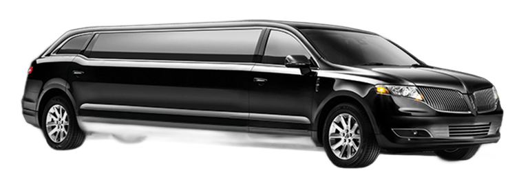 A sleek black Lincoln stretch limousine isolated on a white background.