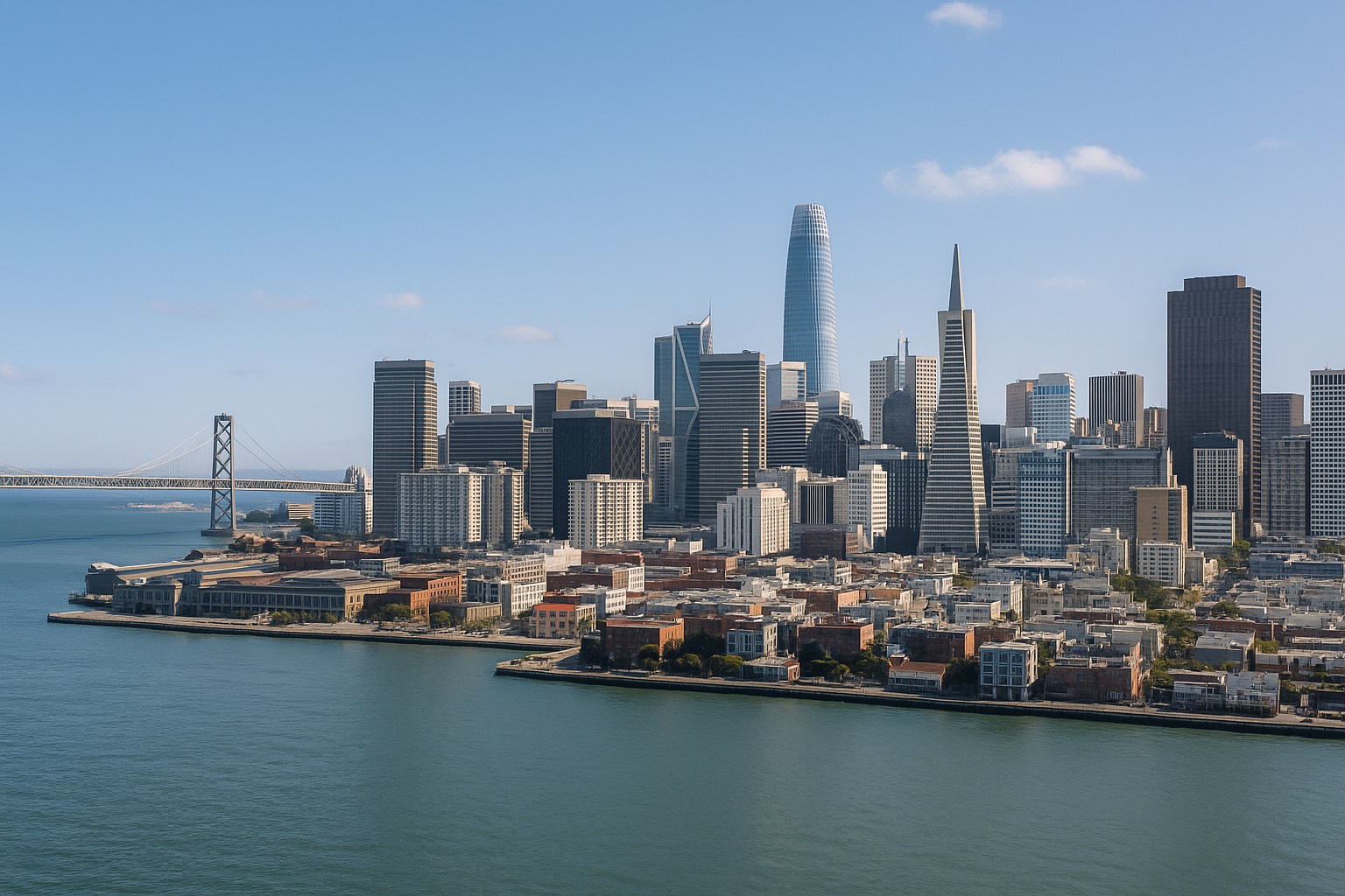 The San Francisco skyline featuring the Salesforce Tower and the Bay Bridge under a clear blue sky.