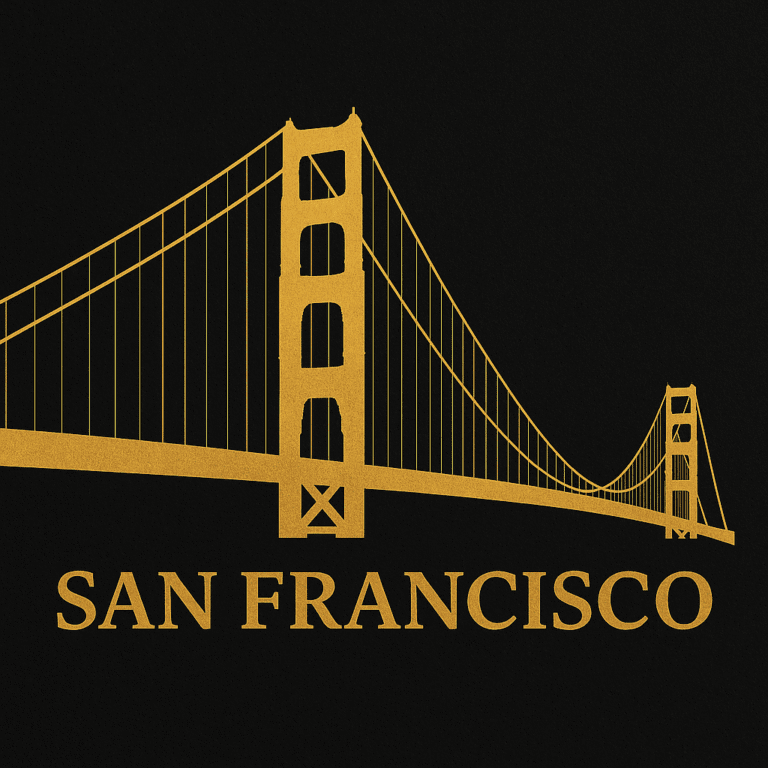 A gold-colored silhouette of the Golden Gate Bridge against a black background with the text 