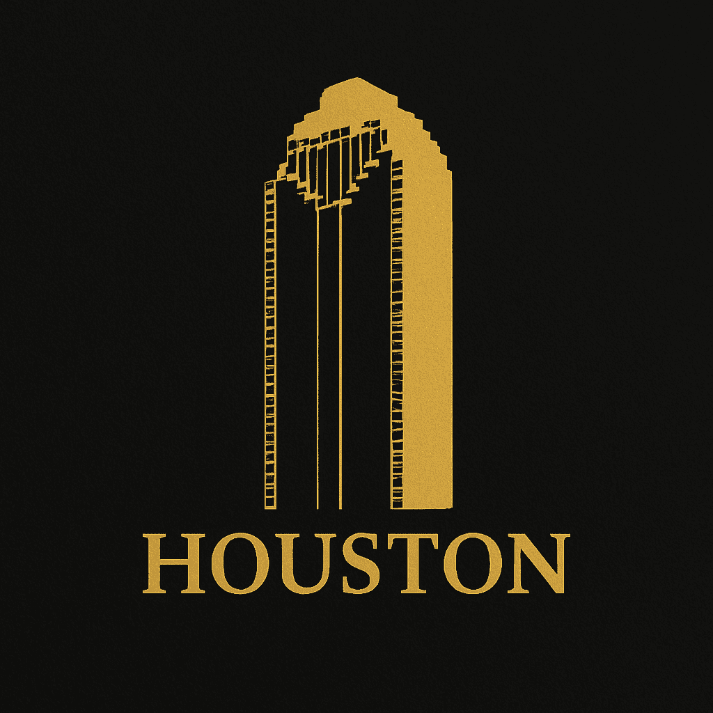 A gold-colored, stylized illustration of the Williams Tower in Houston on a black background, with the word 