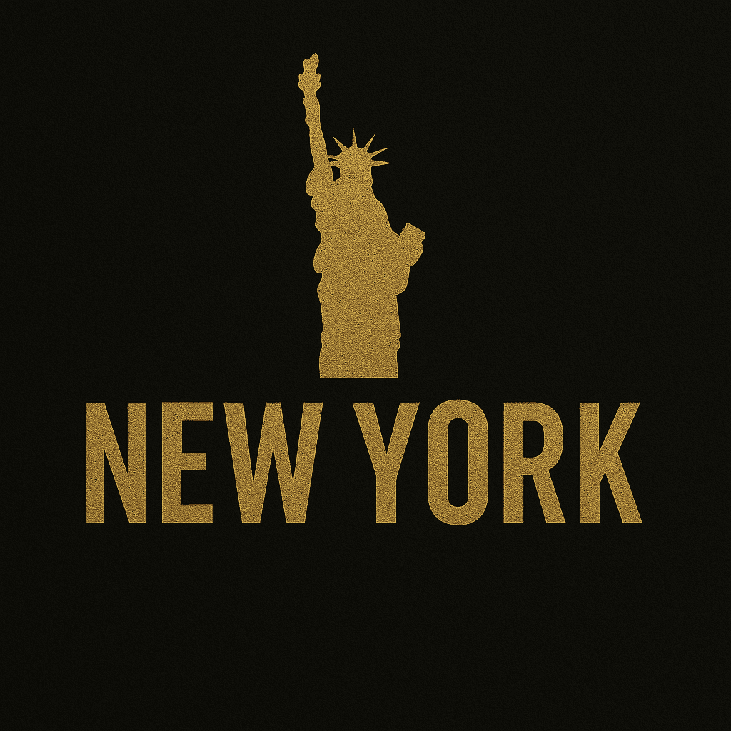 A gold, textured silhouette of the Statue of Liberty centered above the gold, bold, capitalized text 