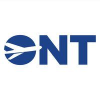 Logo for Ontario International Airport: a dark blue circle with a stylized white airplane, followed by blue text 