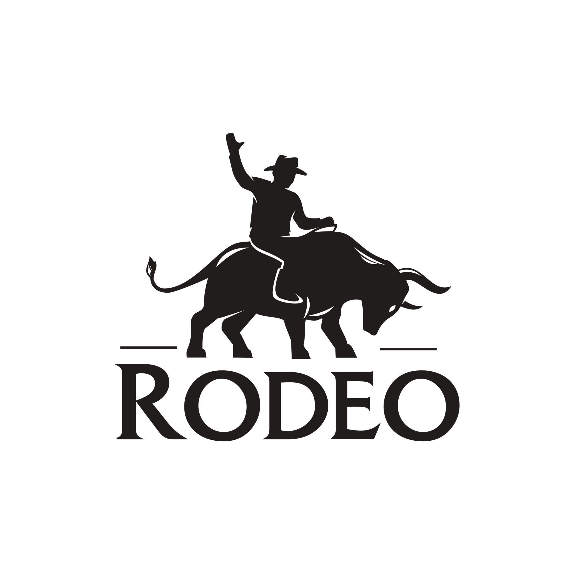 A black silhouette logo showing a cowboy riding a bucking bull, with the word