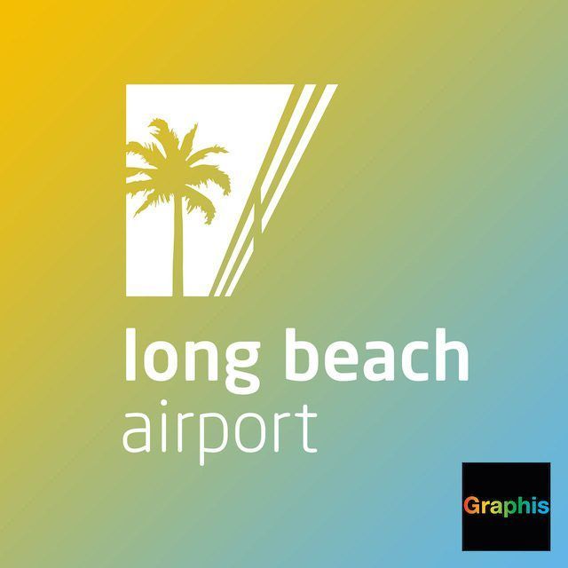 Logo for Long Beach Airport featuring a white palm tree silhouette and diagonal lines on a yellow-to-blue gradient.