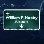 A dark green highway sign with a white airplane icon and the text