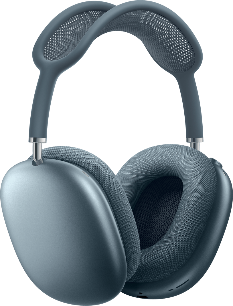A pair of blue headphones on a white background.