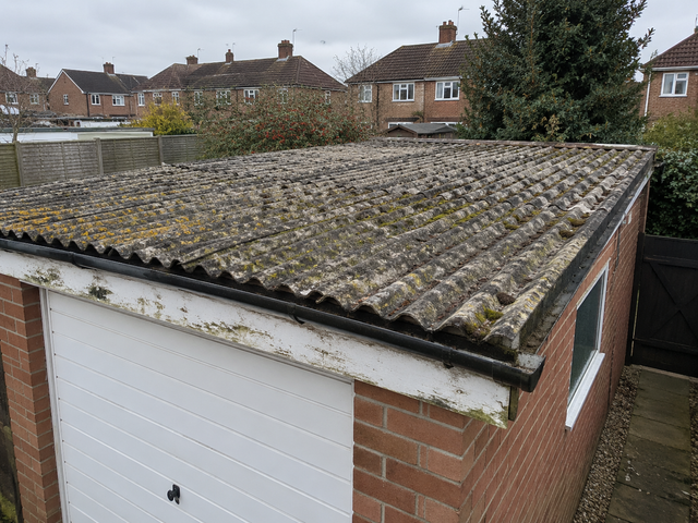 Old corrugated garage roof covered in moss and lichen