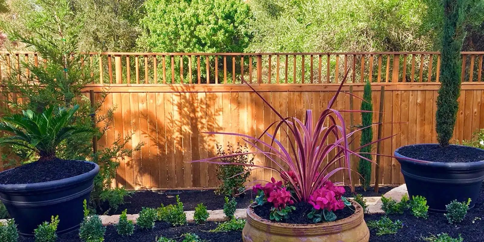 A wooden fence surrounds a garden with potted plants and flowers.