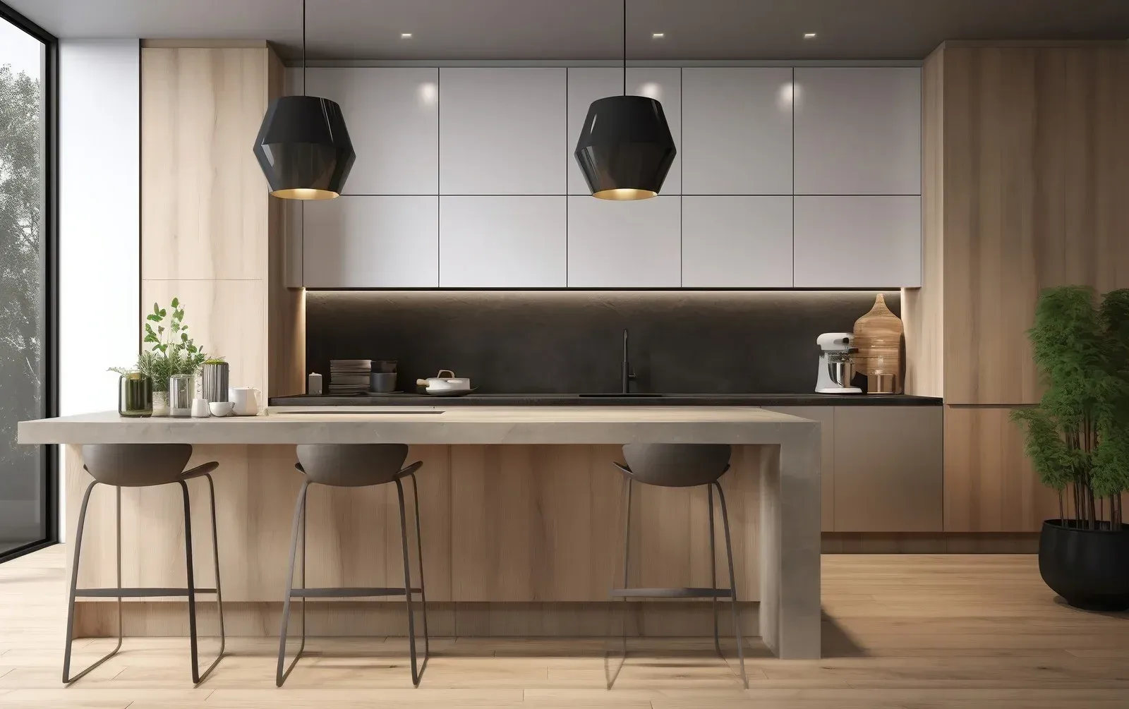 A modern kitchen with wooden cabinets and stools