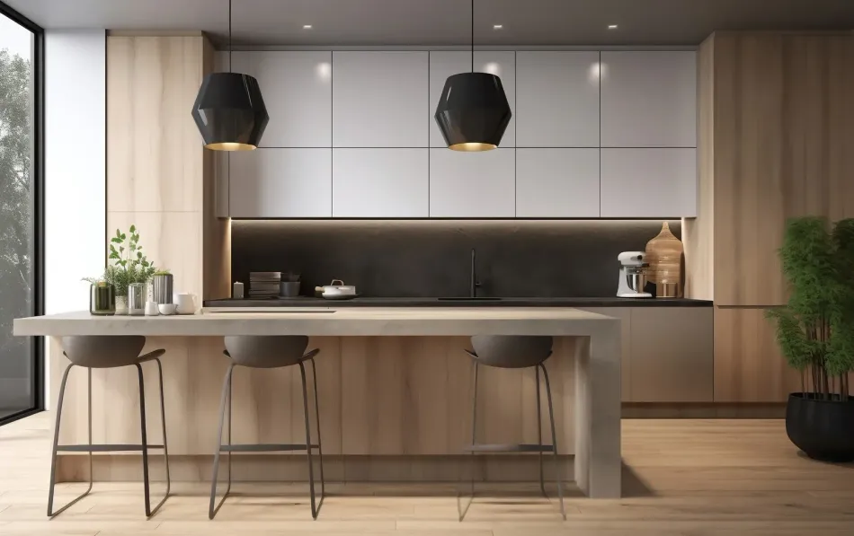 A modern kitchen with wooden cabinets and stools
