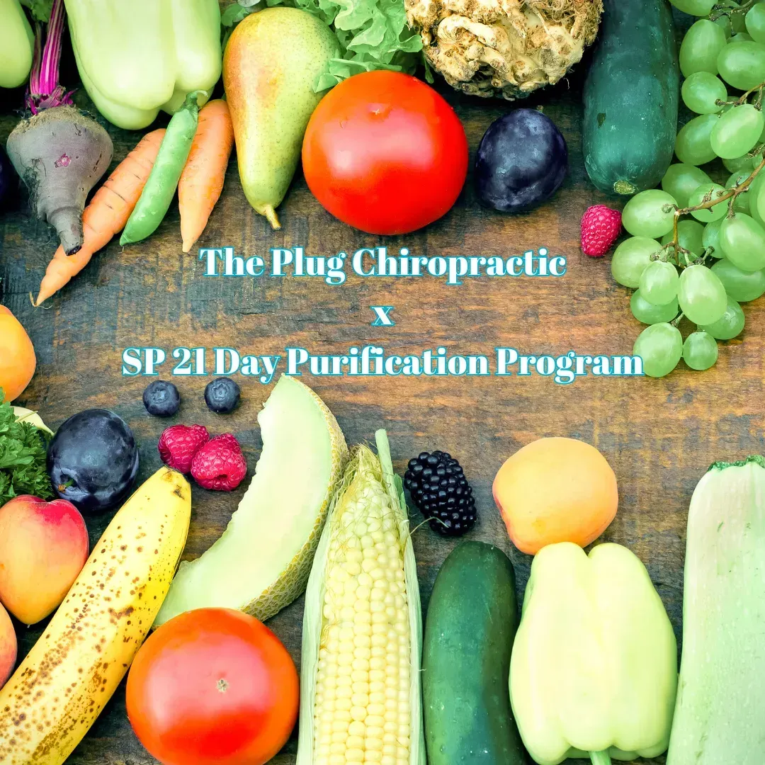 Fresh produce arranged around text: