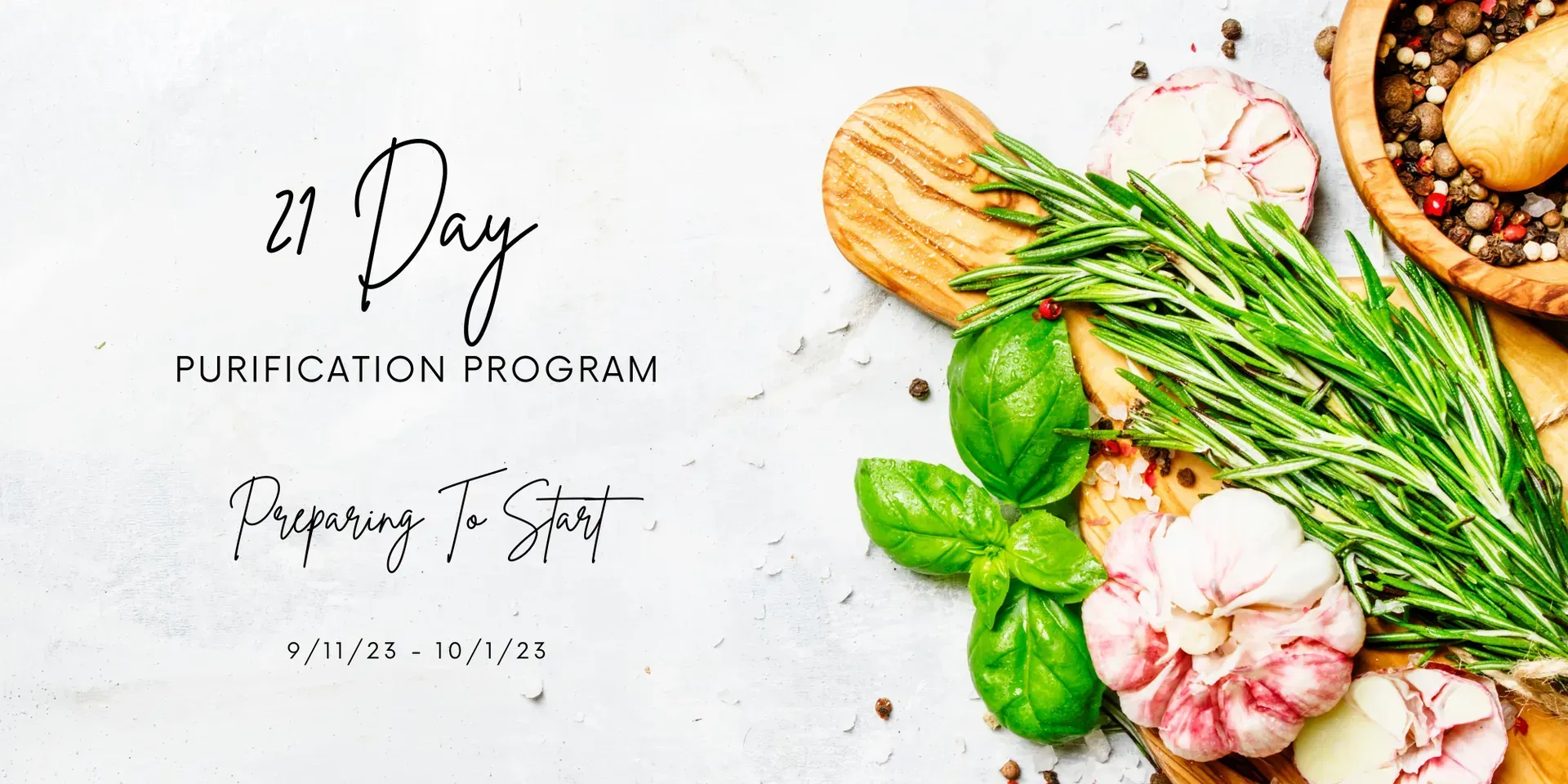 Banner promoting a 21-day purification program. Features text, herbs, and a wooden bowl.