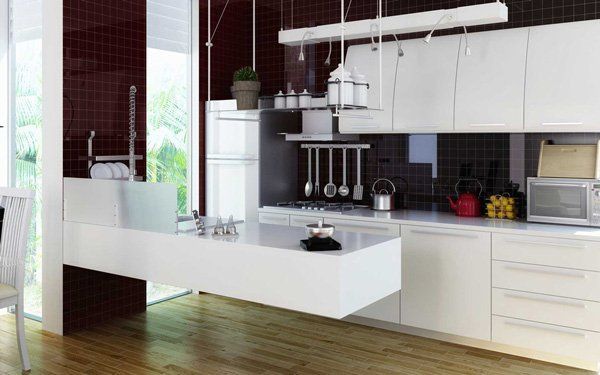 modern kitchen with granite hanging countertop