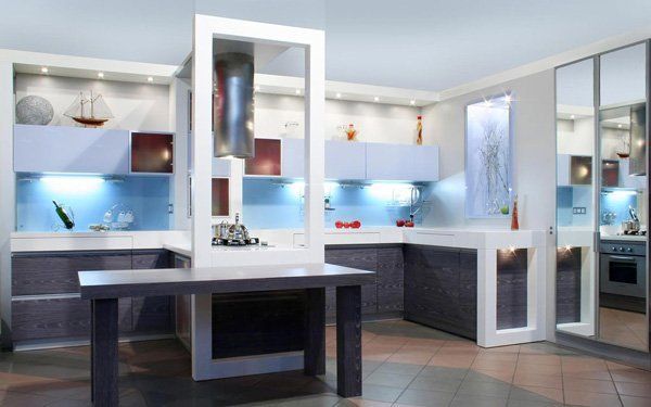 modern kitchen with blue lights