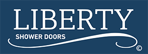 liberty shower doors logo on a blue background