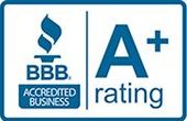 The bbb accredited business rating logo is blue and white.