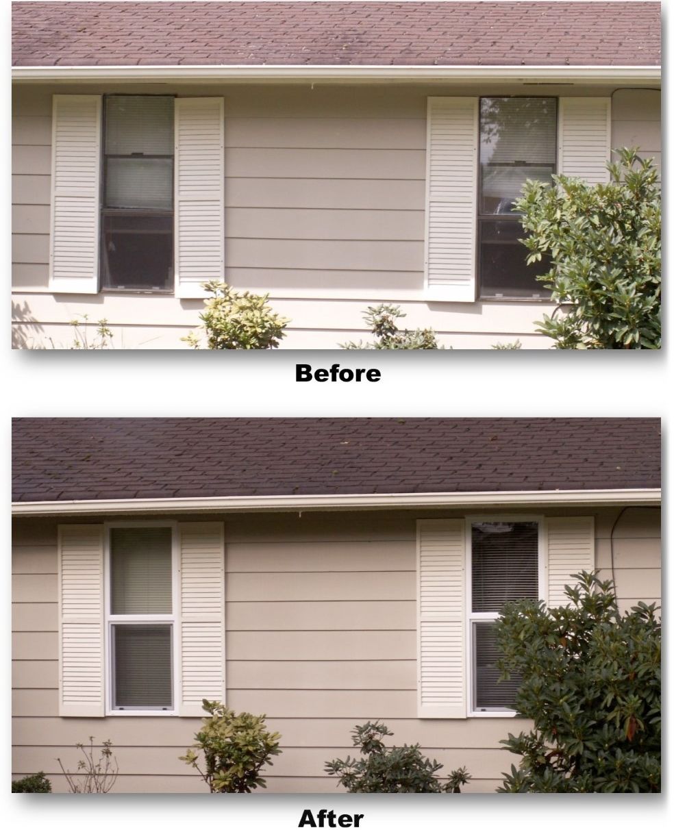 A before and after picture of a house with shutters