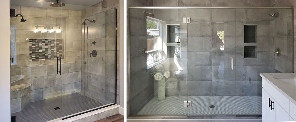 A bathroom with a walk in shower and a bathroom with a glass shower door.