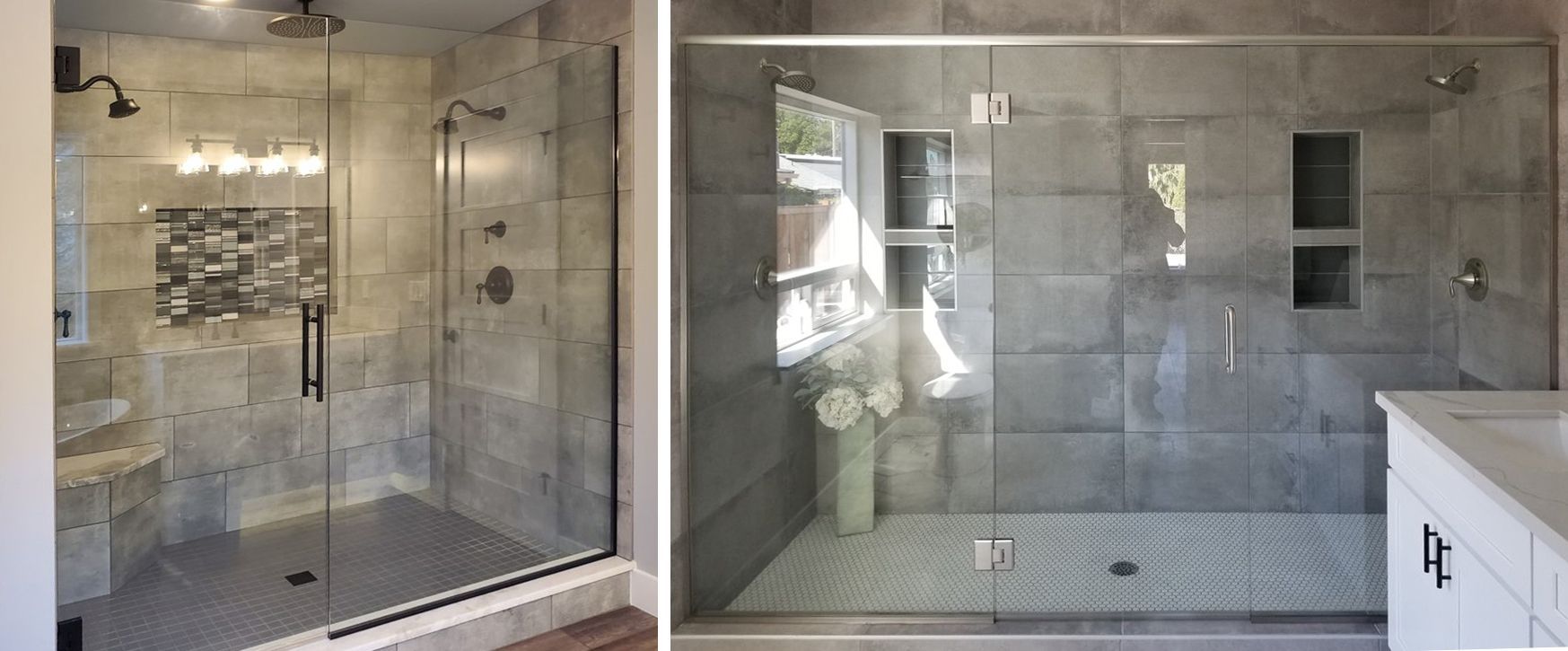 a bathroom with a walk in shower and a bathroom with a sliding glass shower door .