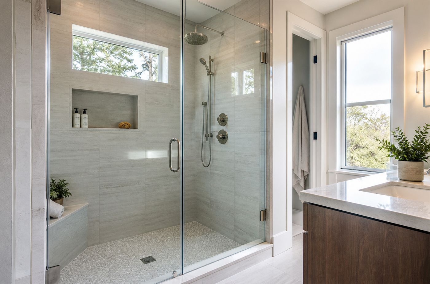 Modern glass walk-in shower with tiled walls beside a bright bathroom window and vanity
