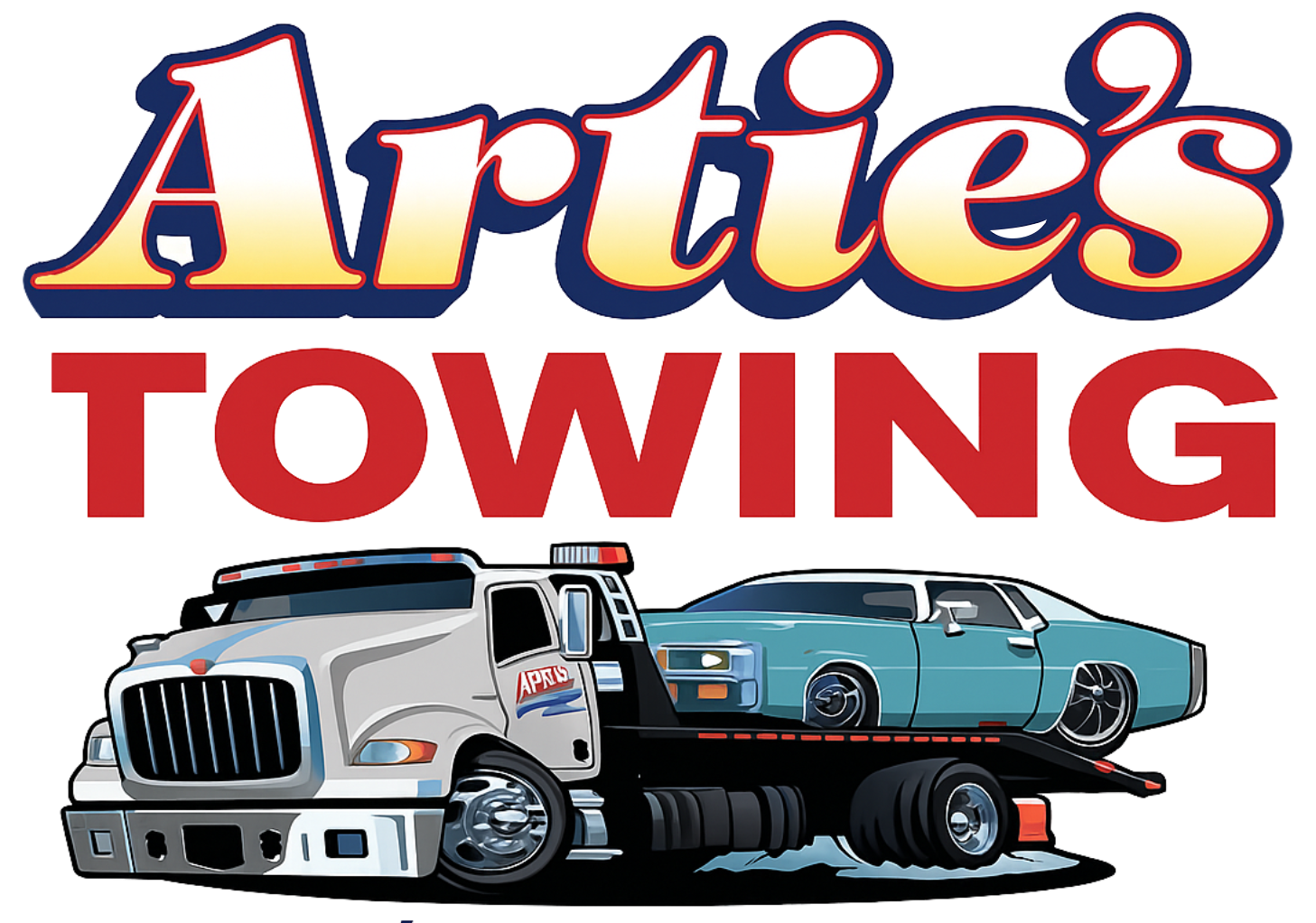 Artie's Towing logo featuring a tow truck hauling a teal car. The name is above in white and yellow text.