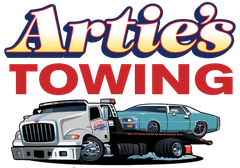 Artie's Towing logo featuring a tow truck hauling a teal car. The name is above in white and yellow text.