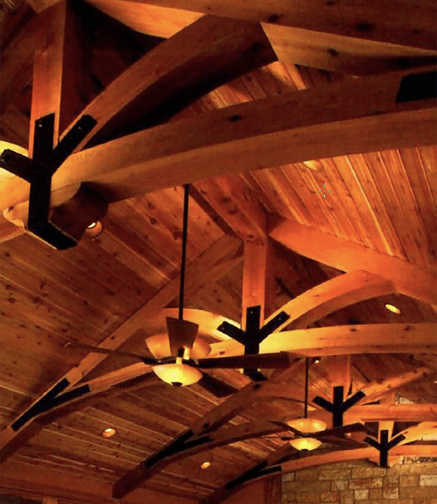 decorative wood trusses in a wooden ceiling