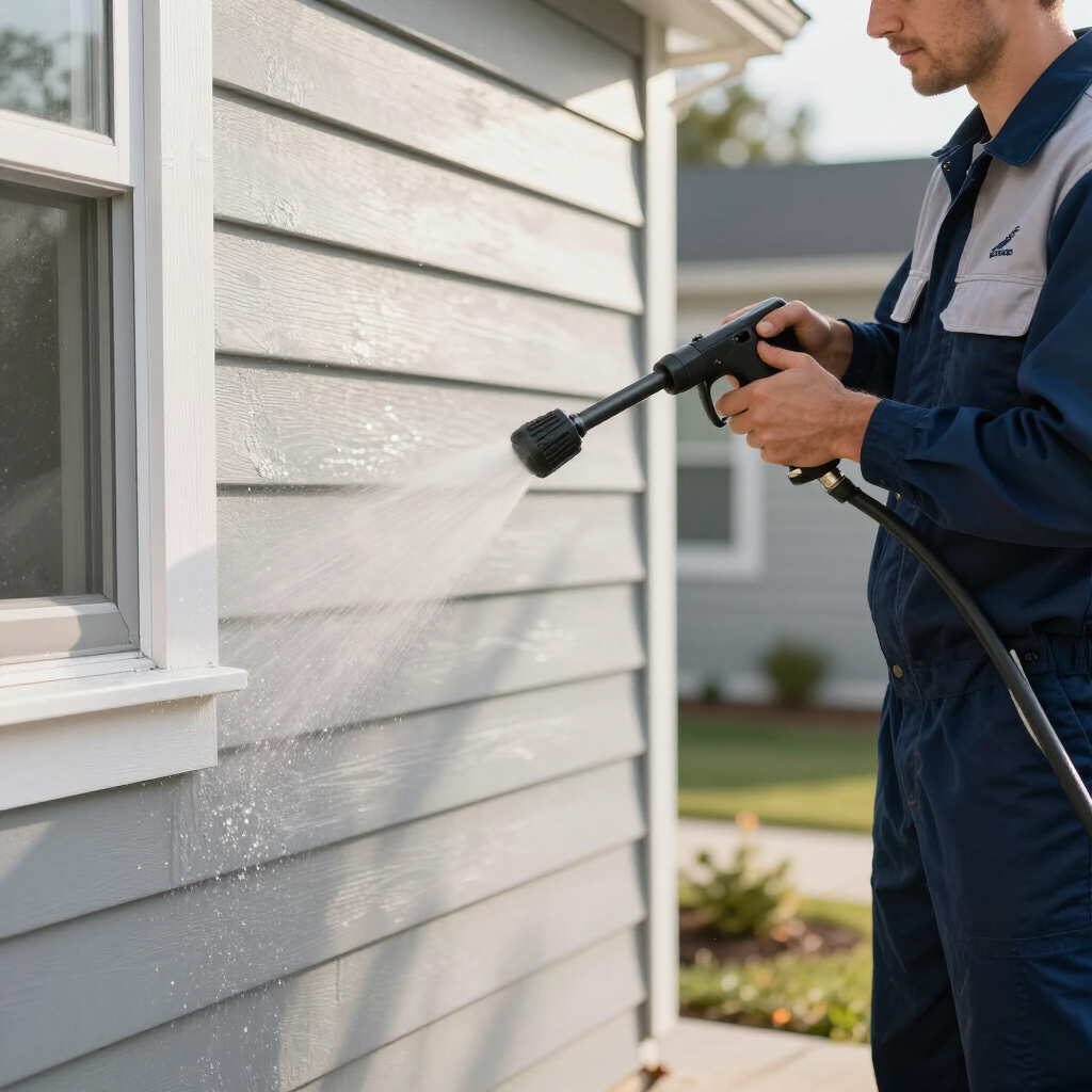 A person in a blue uniform uses a pressure washer to clean the gray siding of a house near a window.
