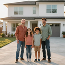 Two adults and two children standing together smiling in front of a white two-story suburban house.