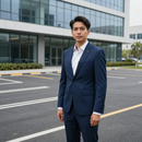 A person in a navy blue suit and white shirt stands in an empty parking lot in front of a modern glass office building.