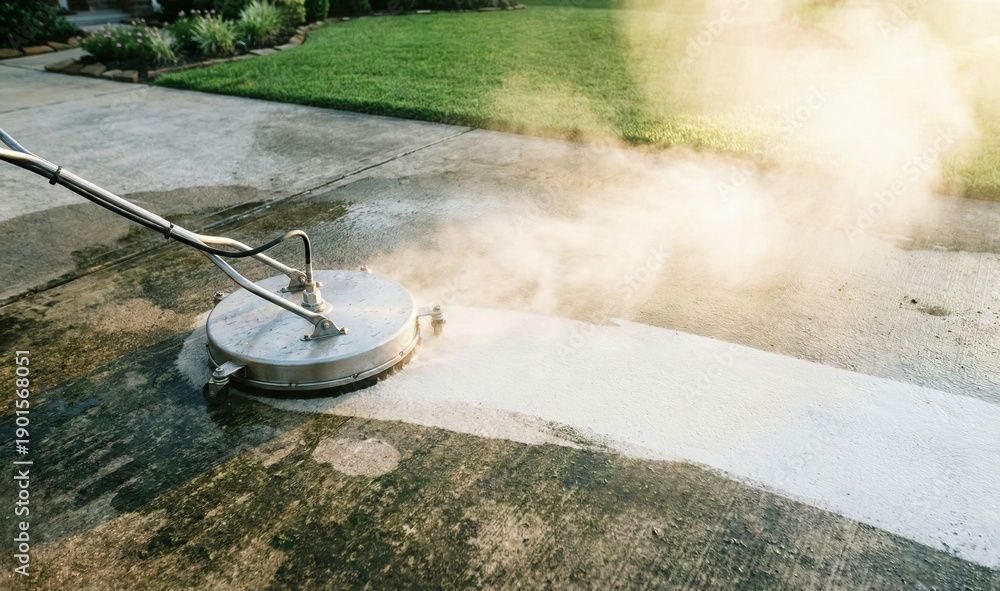 A pressure washer cleaning a dirty concrete driveway, leaving a path of bright white, clean concrete.
