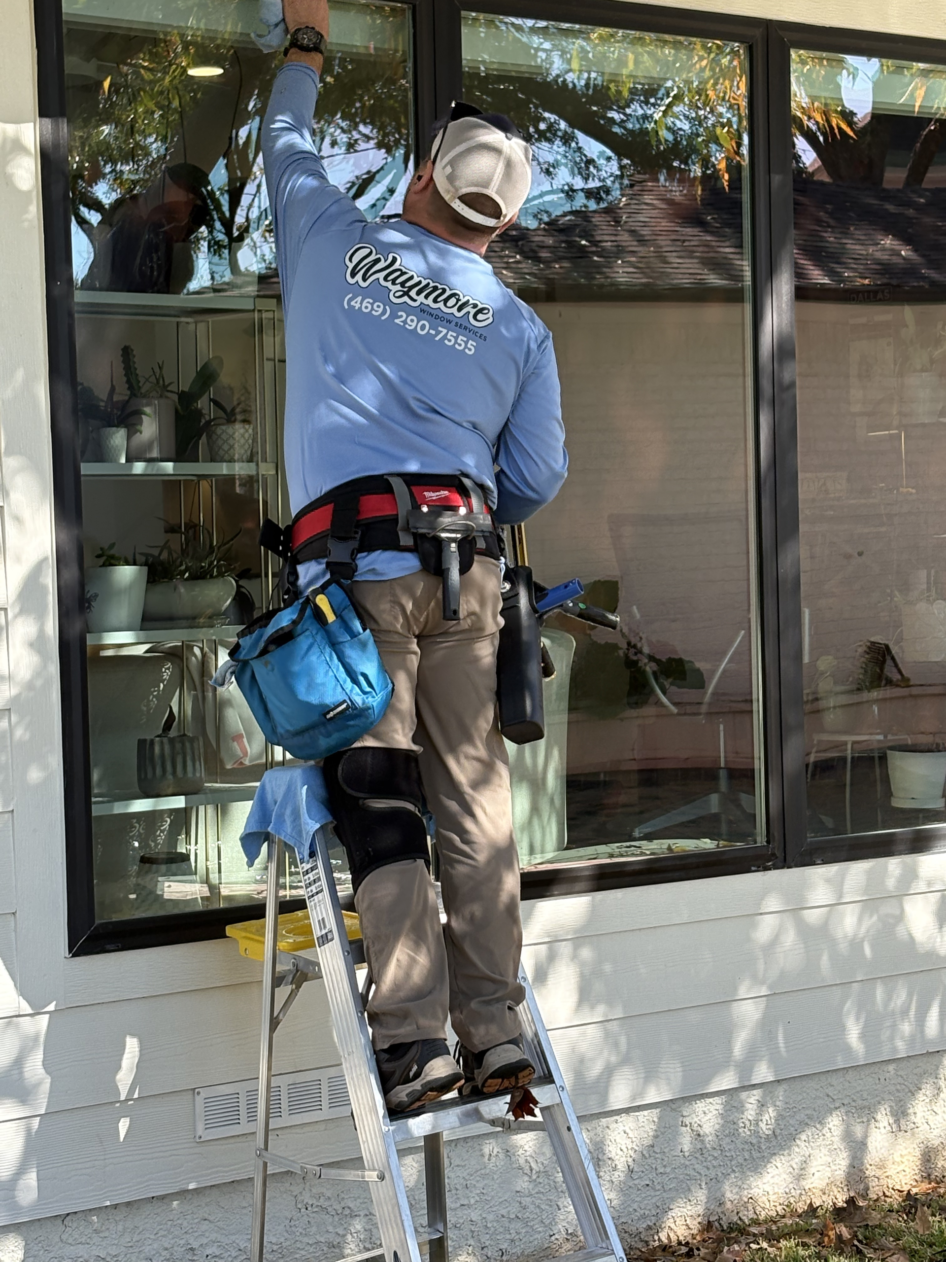 A window cleaner in a light blue long-sleeved shirt and tool belt stands on a ladder, cleaning a large exterior window.