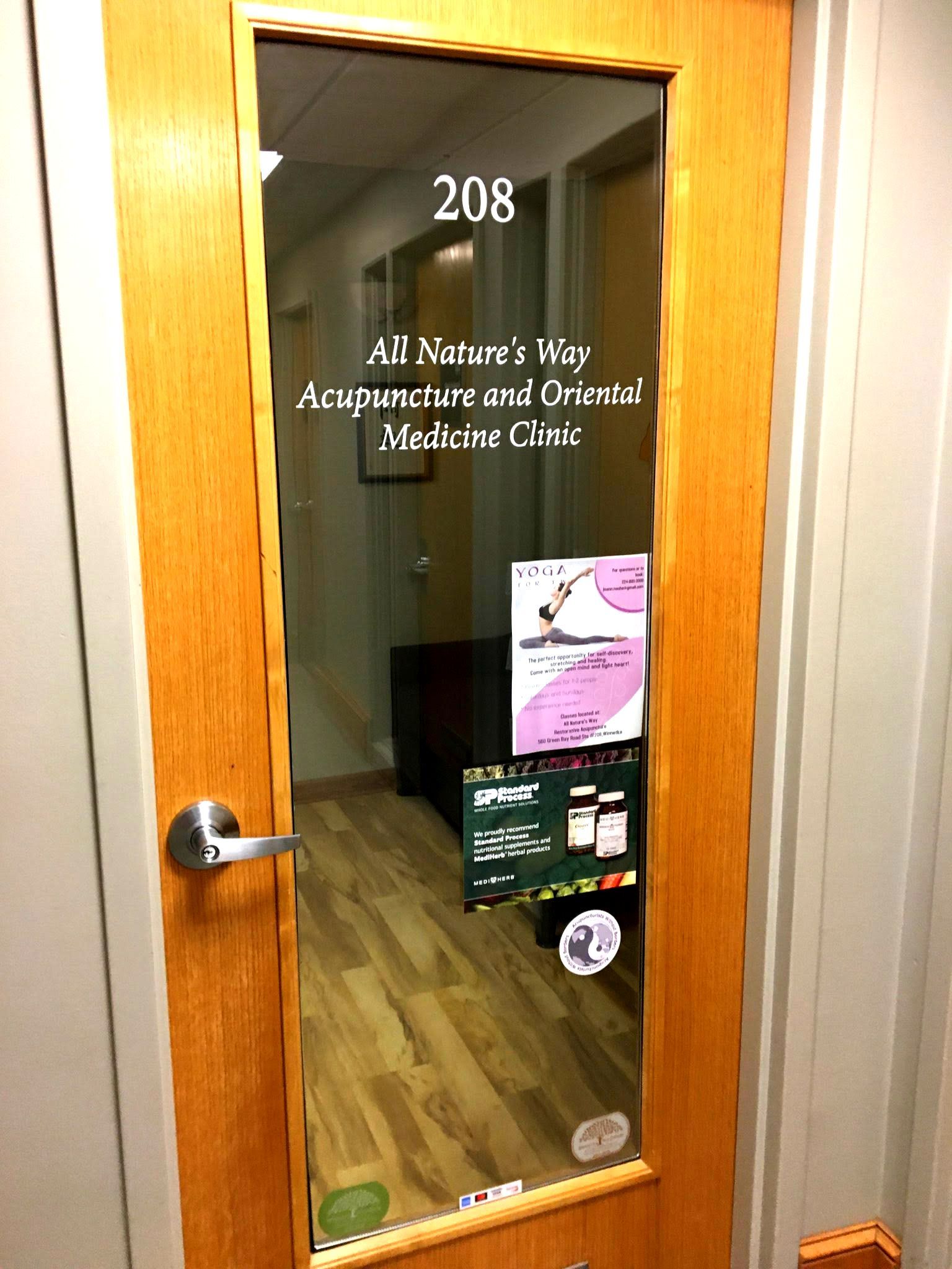 A door that says all nature 's way acupuncture and oriental medicine clinic