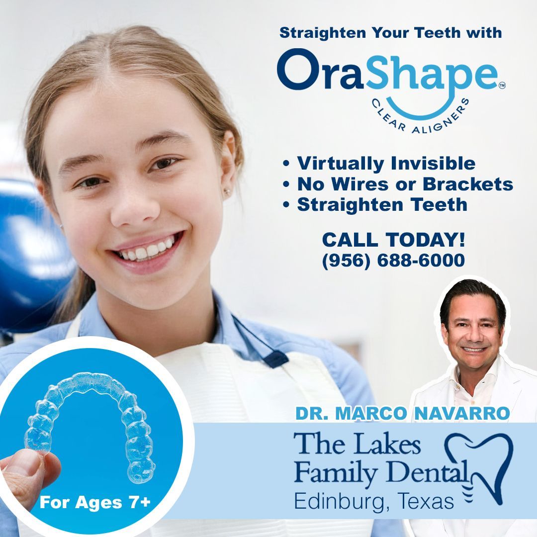 An advertisement for orashape by the lakes family dental in edinburg texas