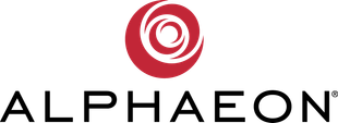 The logo for alphaeon is a red circle with a spiral in the middle.