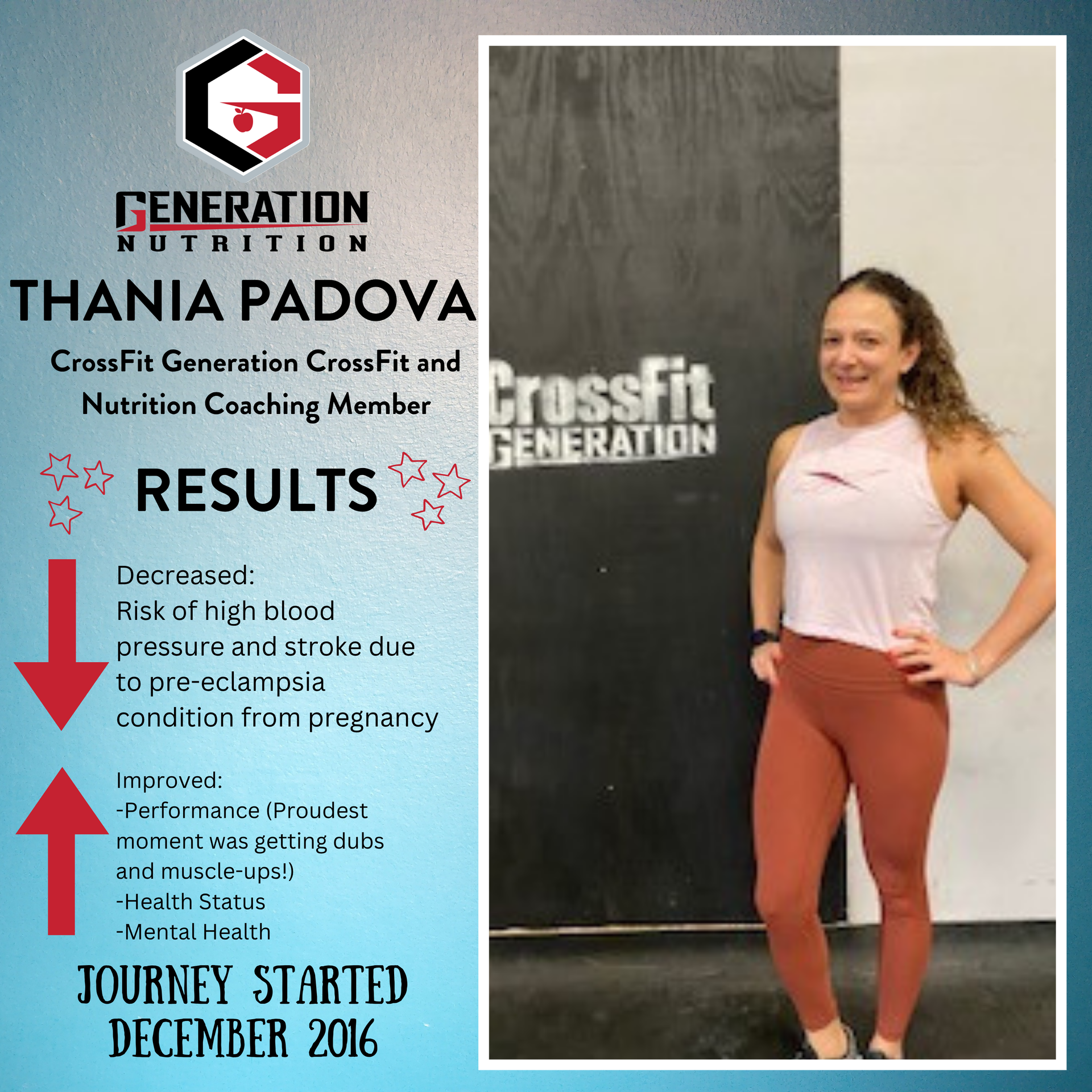 A woman is standing in front of a sign that says crossfit generation