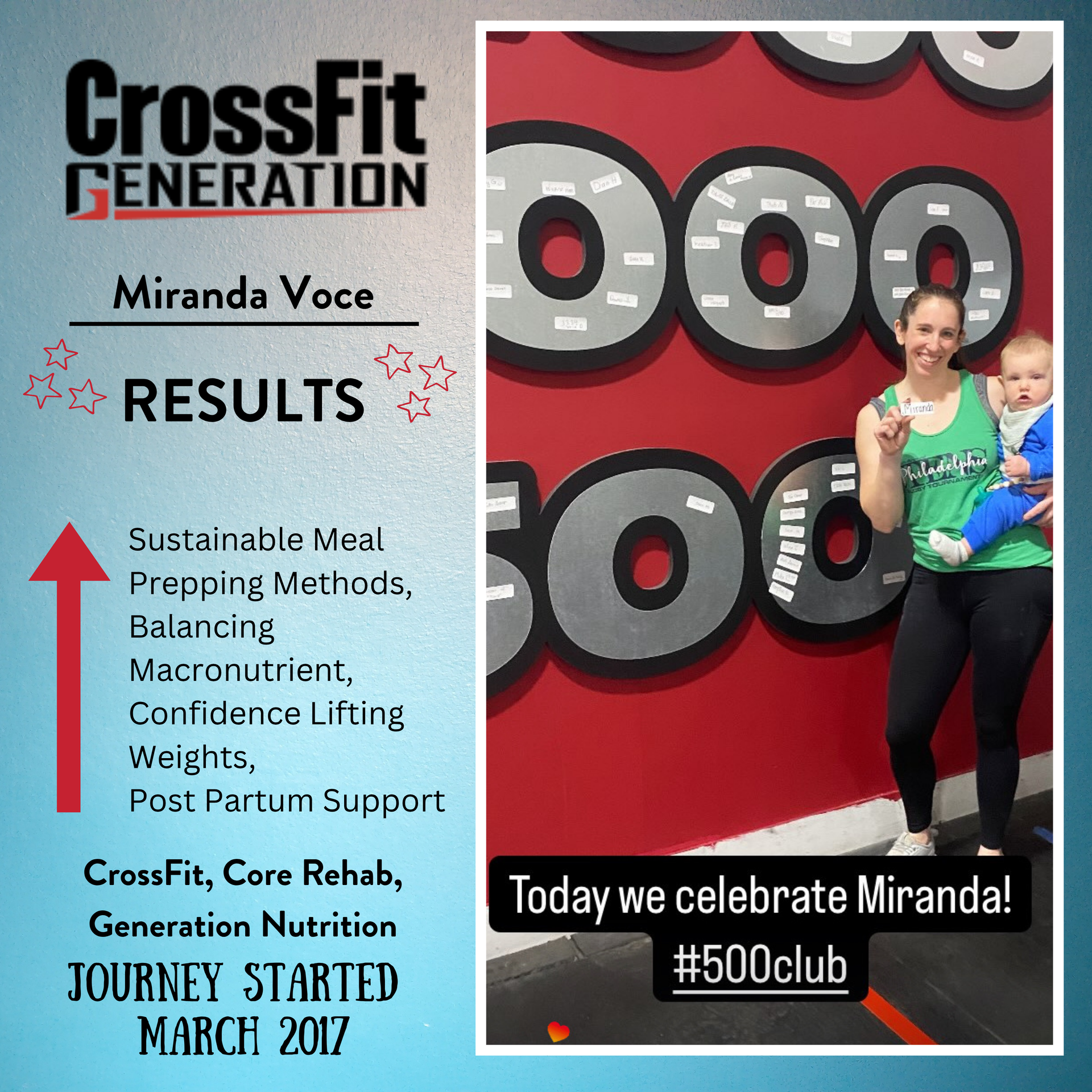A woman is holding a baby in front of a sign that says crossfit generation