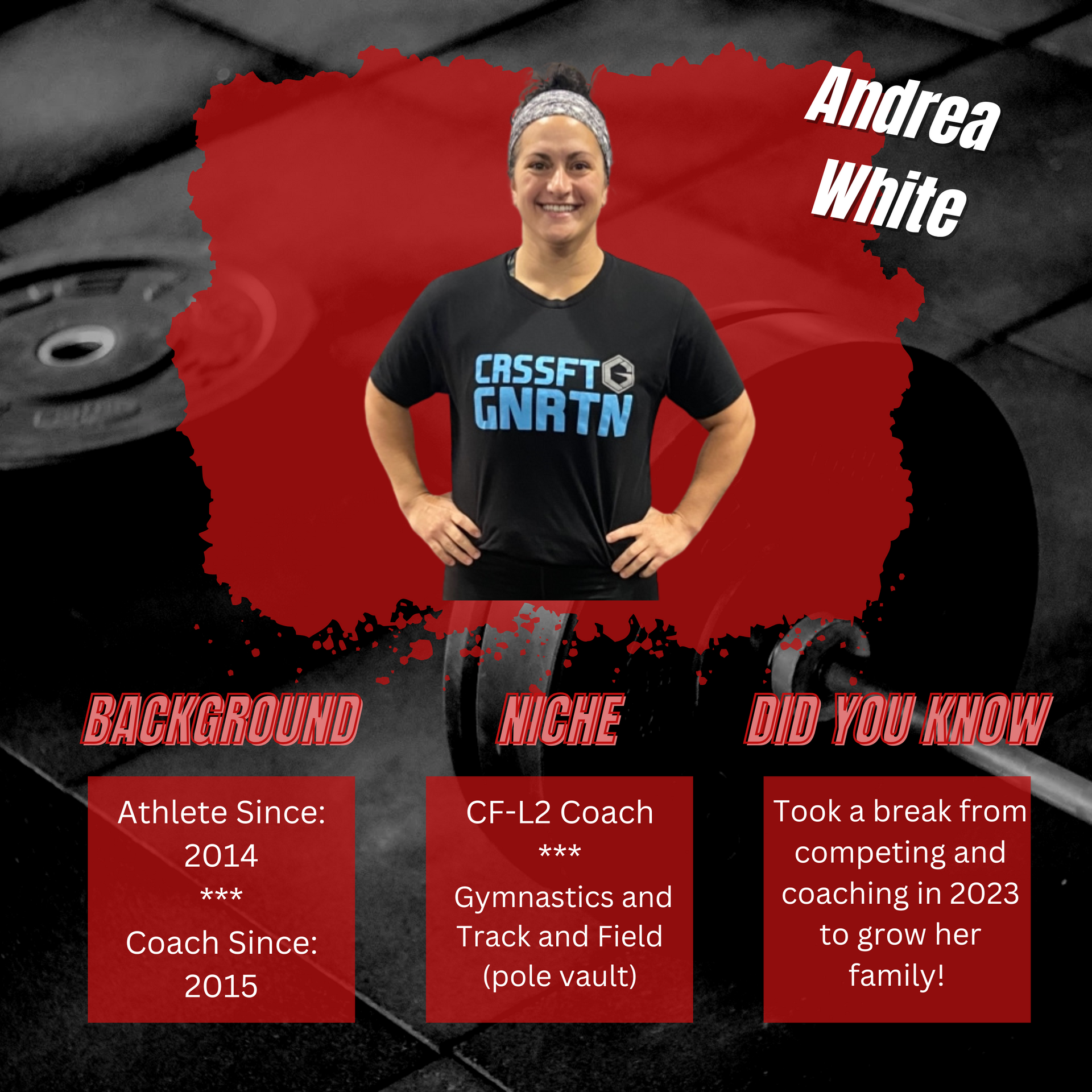 A woman wearing a black shirt that says crossfit on it
