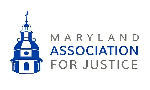 The logo for the maryland association for justice is a blue tower with a flag on top of it.