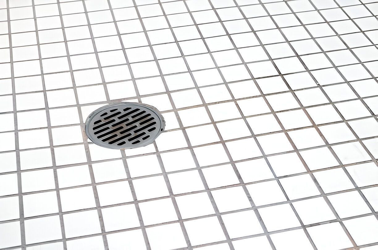 A manhole cover is sitting on a white tiled floor.