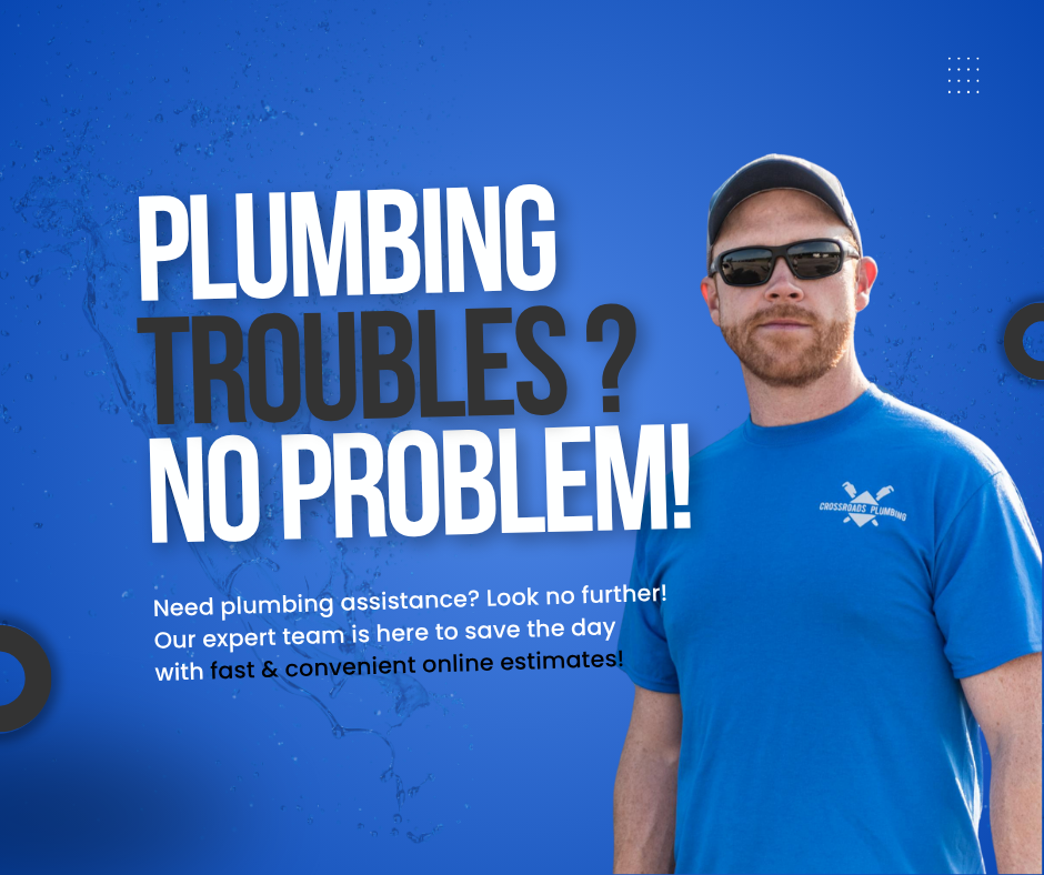 A man in a blue shirt is standing in front of a blue background that says plumbing troubles ? no problem !