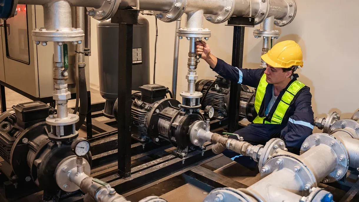 A man is working on a water pump in a factory.
