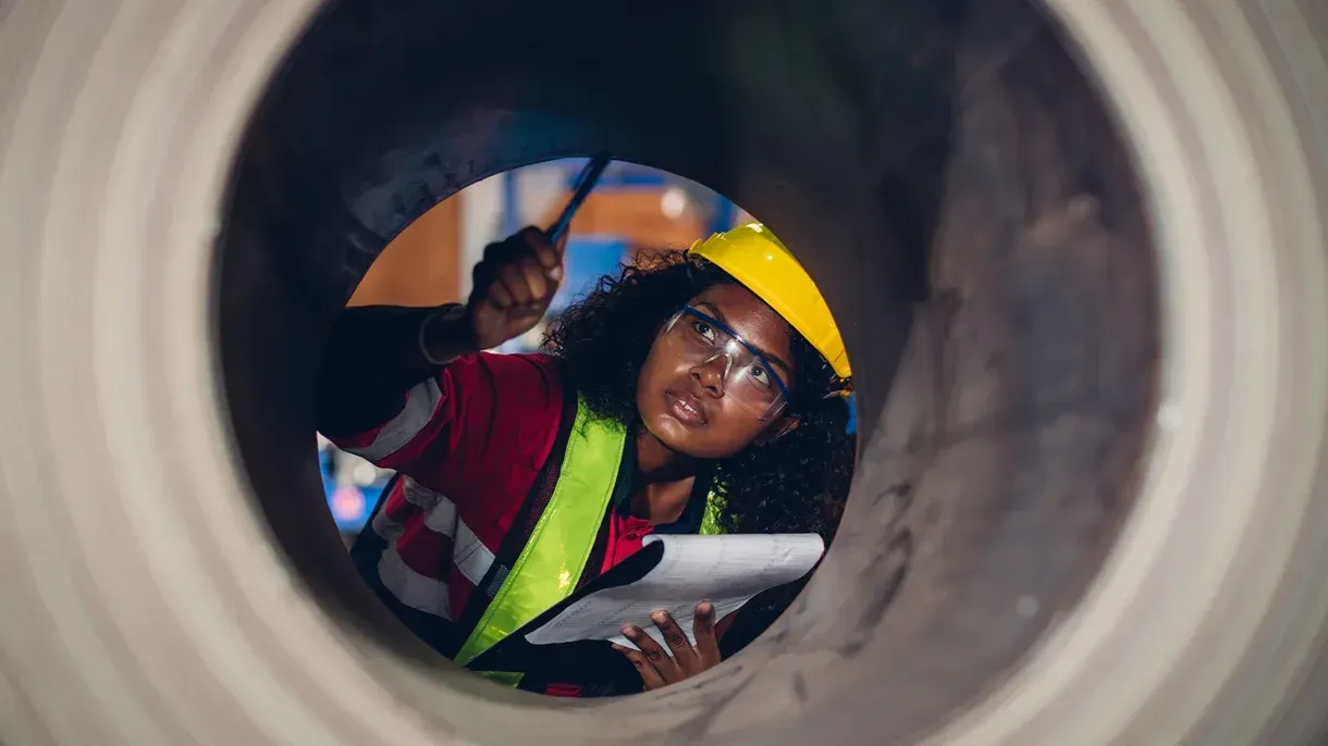 A woman in a hard hat is looking through a hole in a pipe.