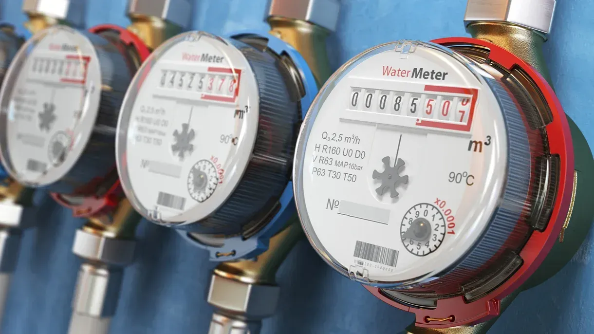 A row of water meters hanging on a wall.
