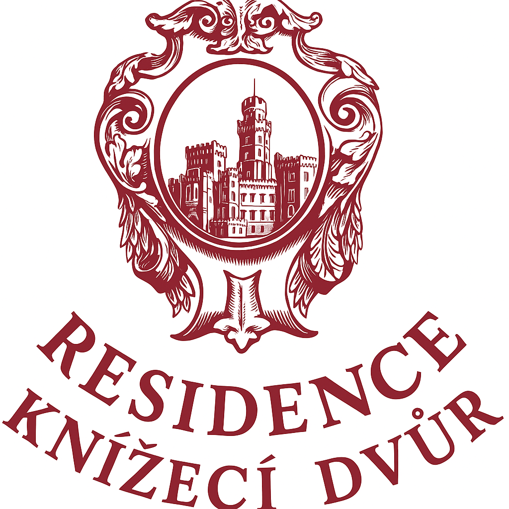 A logo for residence knizeci dvor with a castle in the center