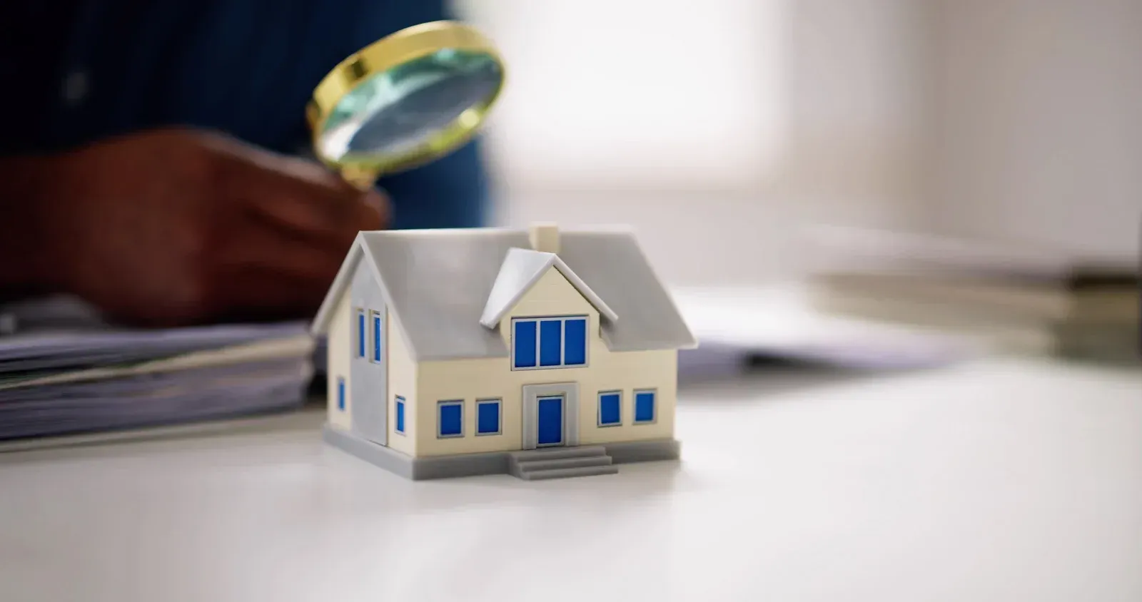Miniature house being inspected with a magnifying glass. Person’s hand holding it. White table, papers in the background.