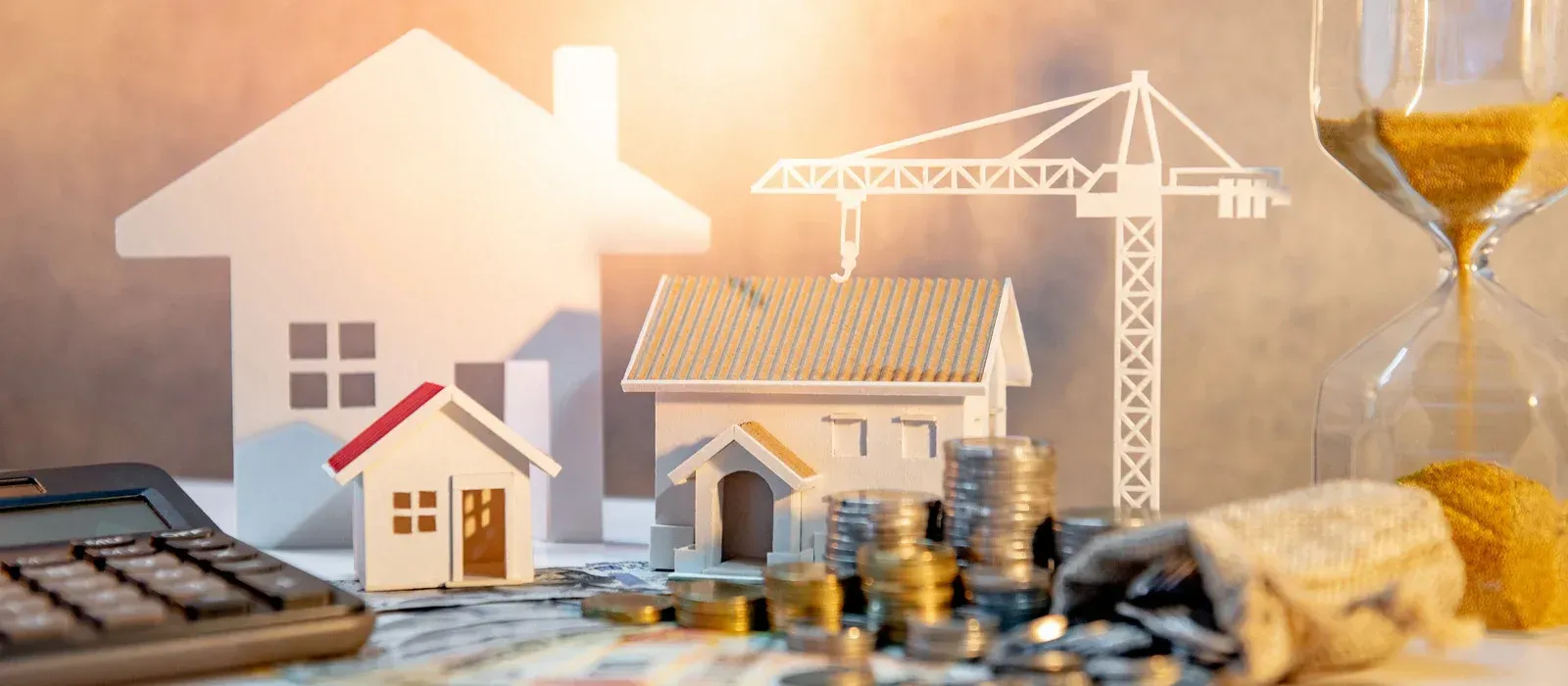 Model houses with coins, calculator, hourglass, and a crane. Real estate concept.