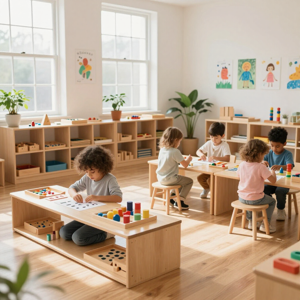Four children sit at wooden tables in a bright, organized classroom, working independently with colorful learning toys.